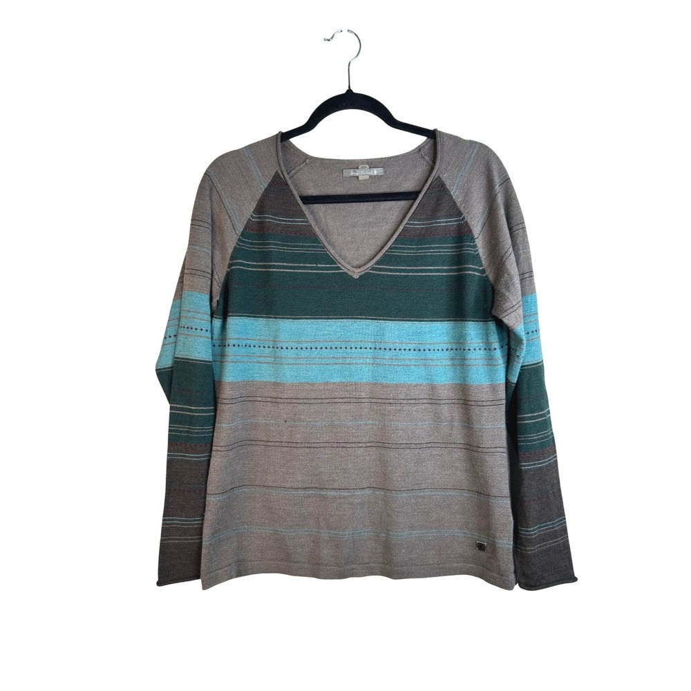 Smartwool Women's Brown Striped V-Neck Merino Wool Raglan Sweater Size XL